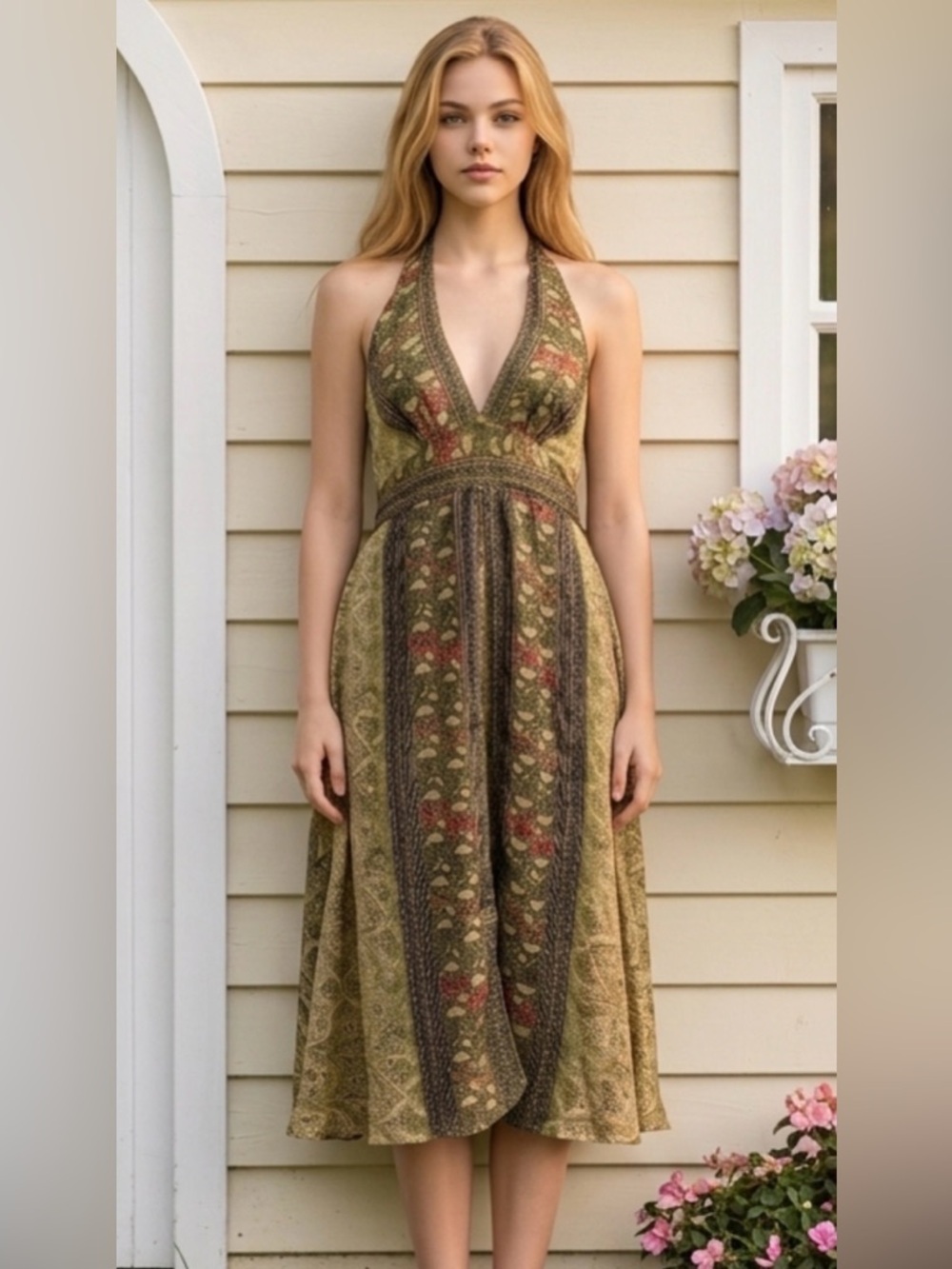 Sleeveless Halter Midi Dress in Olive Green Floral Panel
